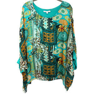 NWOT Tempo Paris Sz L Elegant 100% Silk Tunic Top Blue Multi Viscose Lined Italy